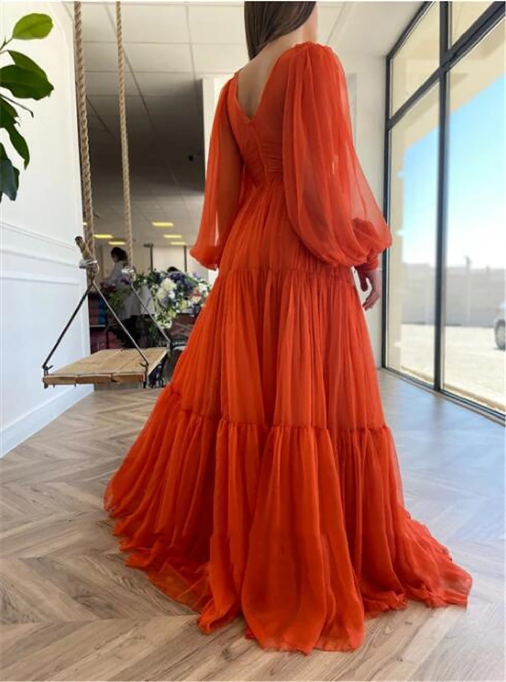 Bridalaffair Pleat Tulle Princess Prom Gown V-Neck Long Puff Sleeve Plus Size Evening Gown Elegant Dress Women for Wedding Party