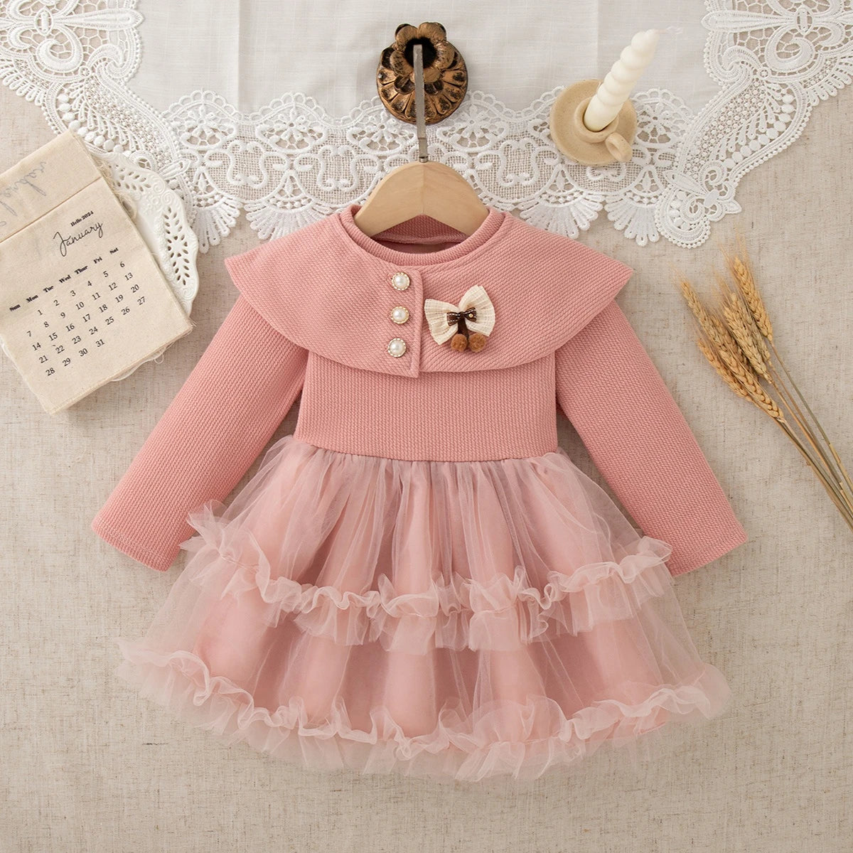 Girls' Dresses Spring/Fall Bow-Tie Tulle Baby Girl Dresses Adorable Wedding Flower Girl Outfits Baby Girl Clothes