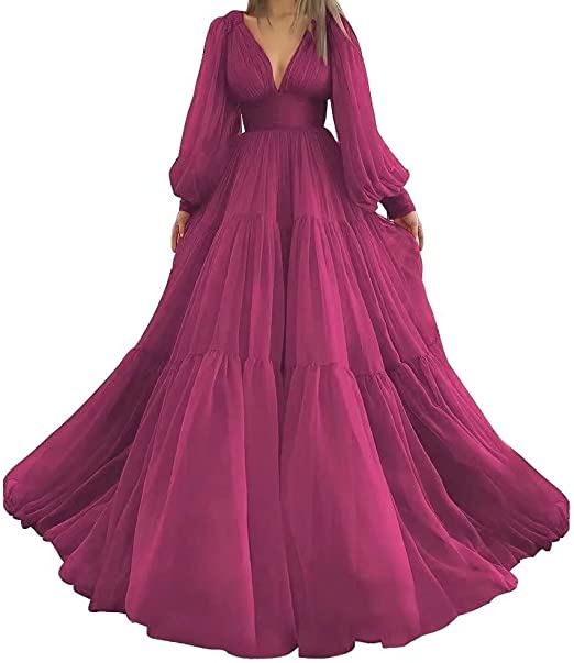 Bridalaffair Pleat Tulle Princess Prom Gown V-Neck Long Puff Sleeve Plus Size Evening Gown Elegant Dress Women for Wedding Party