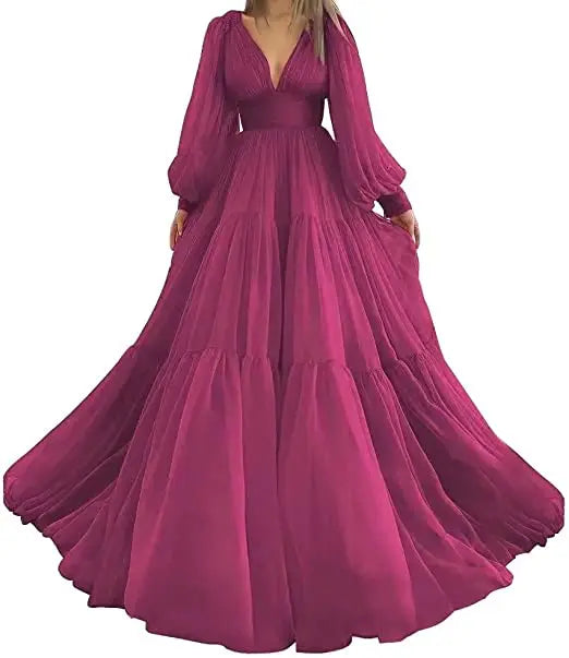 Bridalaffair Pleat Tulle Princess Prom Gown V-Neck Long Puff Sleeve Plus Size Evening Gown Elegant Dress Women for Wedding Party