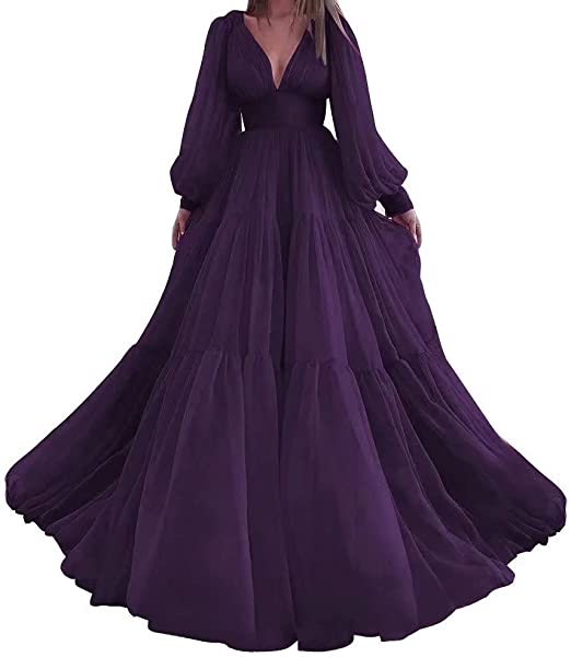 Bridalaffair Pleat Tulle Princess Prom Gown V-Neck Long Puff Sleeve Plus Size Evening Gown Elegant Dress Women for Wedding Party