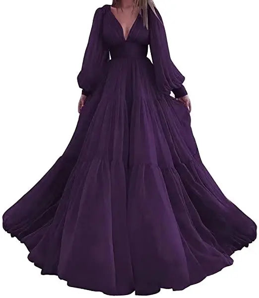 Bridalaffair Pleat Tulle Princess Prom Gown V-Neck Long Puff Sleeve Plus Size Evening Gown Elegant Dress Women for Wedding Party