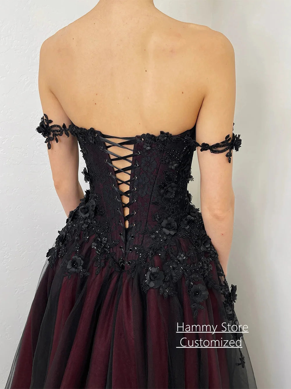 Gothic Wedding Dress Customized Off The Shoulder V Neck Flowers Applique Court Train Black Burgundy A Line Bridal Gown