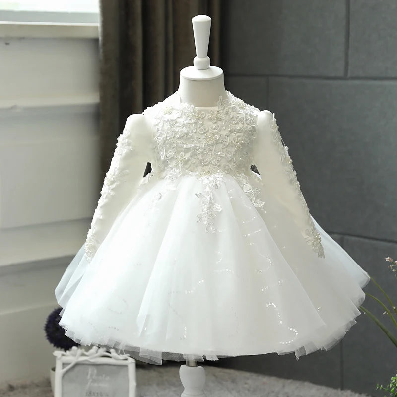 Baby Girl Wedding Dress Long Sleeve Newborn Girls Christmas Princess Gowns Beads Lace Infant Kids 1 Year Birthday Baptism Dress