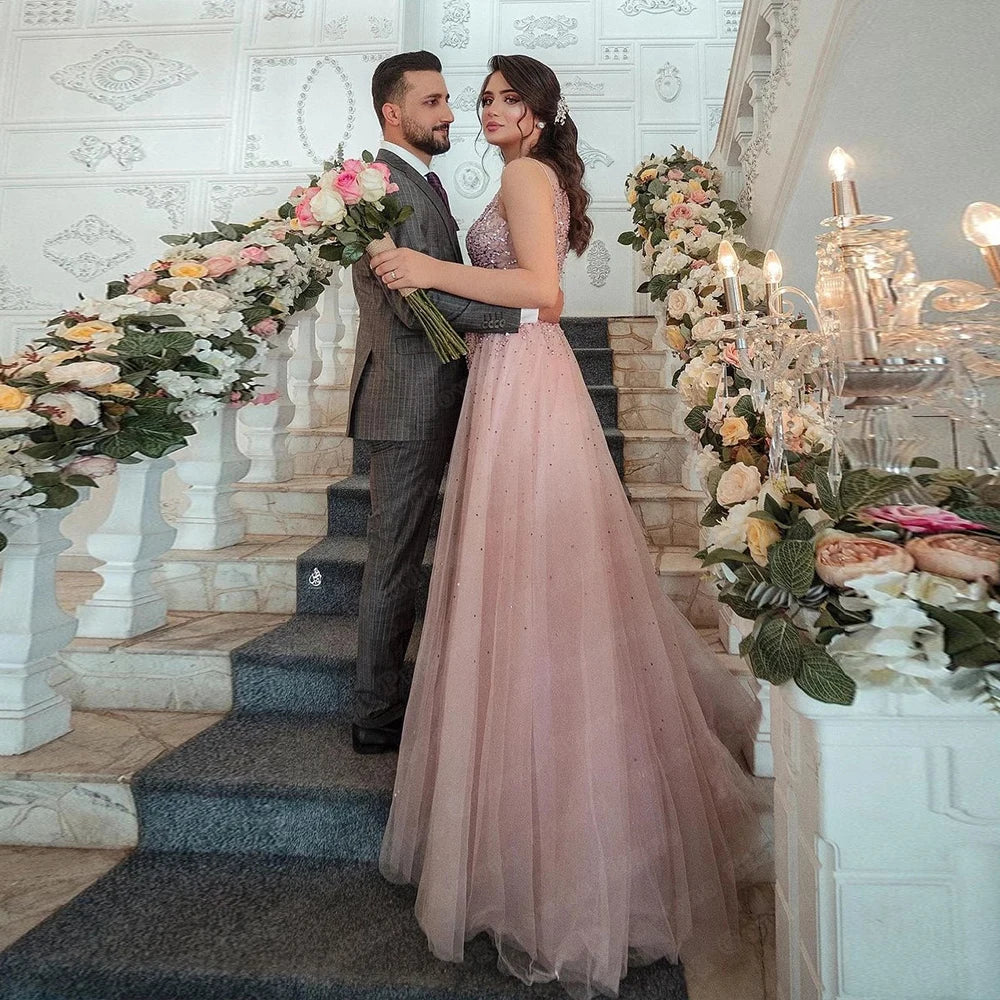 Customized Dubai Luxury Pink Tulle Formal Wedding Evening Dresses For Woman Sleeveless Detachable Train Glitter Long Prom Gown