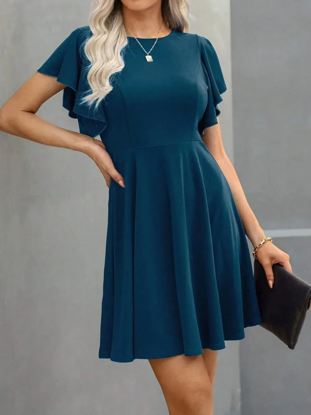 Plus Size Elegant Cocktail Women's Party Dresses Spring Summer Floral Ruffle Sleeve Crew Neck High Waist Flowy A Line Mini Dress
