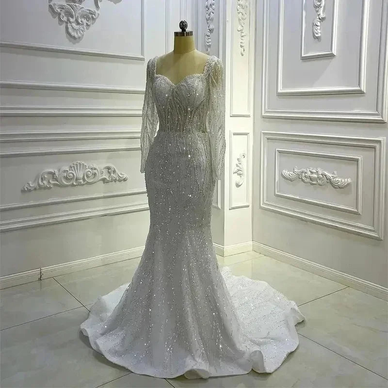 Customzied Luxury Glitter Modern Sweetheart Heavy Bead Rhinestone Mermaid Wedding Dress Overskirt Long Sleeves Bridal Gowns
