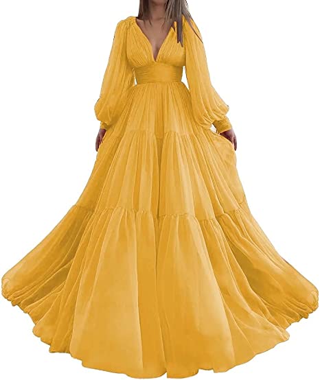 Bridalaffair Pleat Tulle Princess Prom Gown V-Neck Long Puff Sleeve Plus Size Evening Gown Elegant Dress Women for Wedding Party