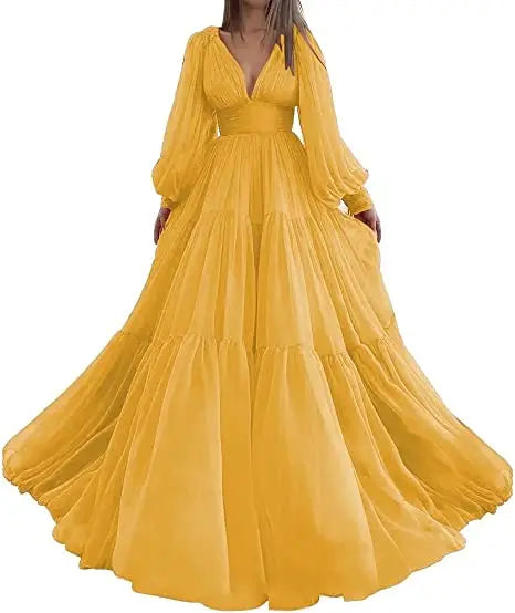 Bridalaffair Pleat Tulle Princess Prom Gown V-Neck Long Puff Sleeve Plus Size Evening Gown Elegant Dress Women for Wedding Party