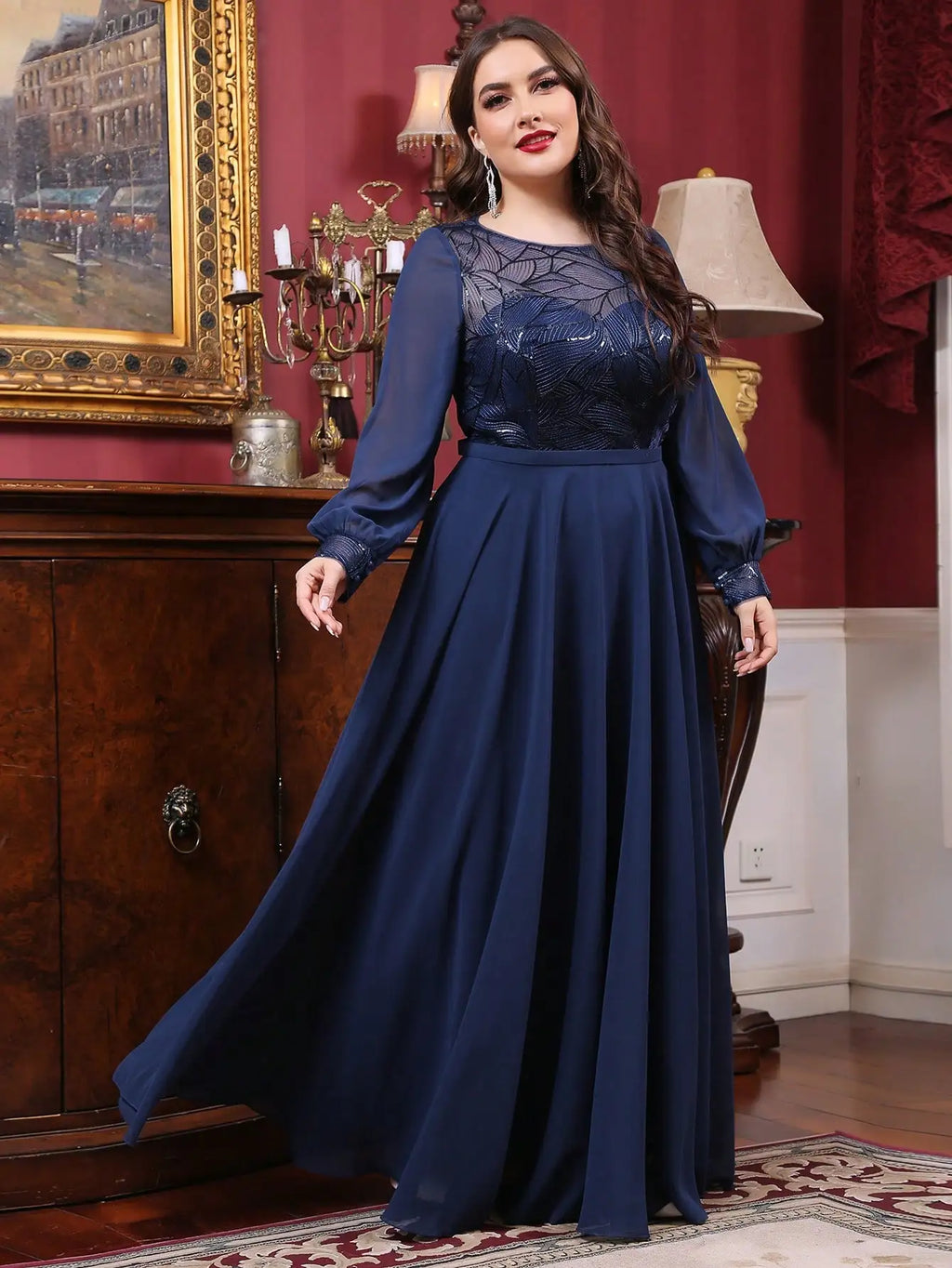 Mgiacy plus size  Round neck see-through sequin embroidery patchwork lantern long sleeve chiffon full skirt Evening gown
