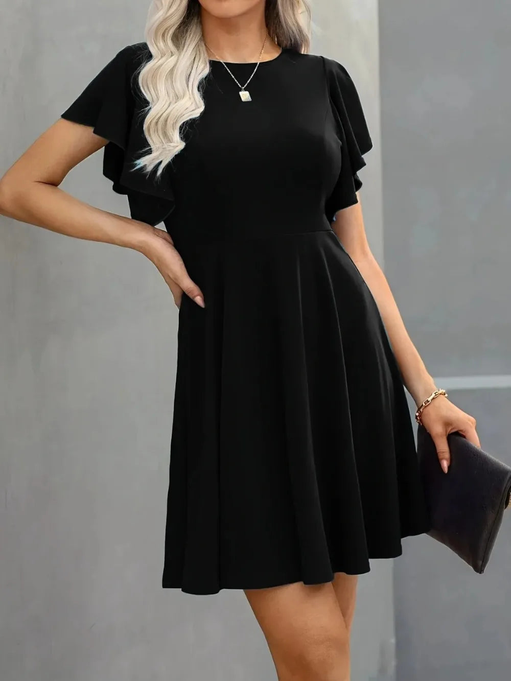 Plus Size Elegant Cocktail Women's Party Dresses Spring Summer Floral Ruffle Sleeve Crew Neck High Waist Flowy A Line Mini Dress