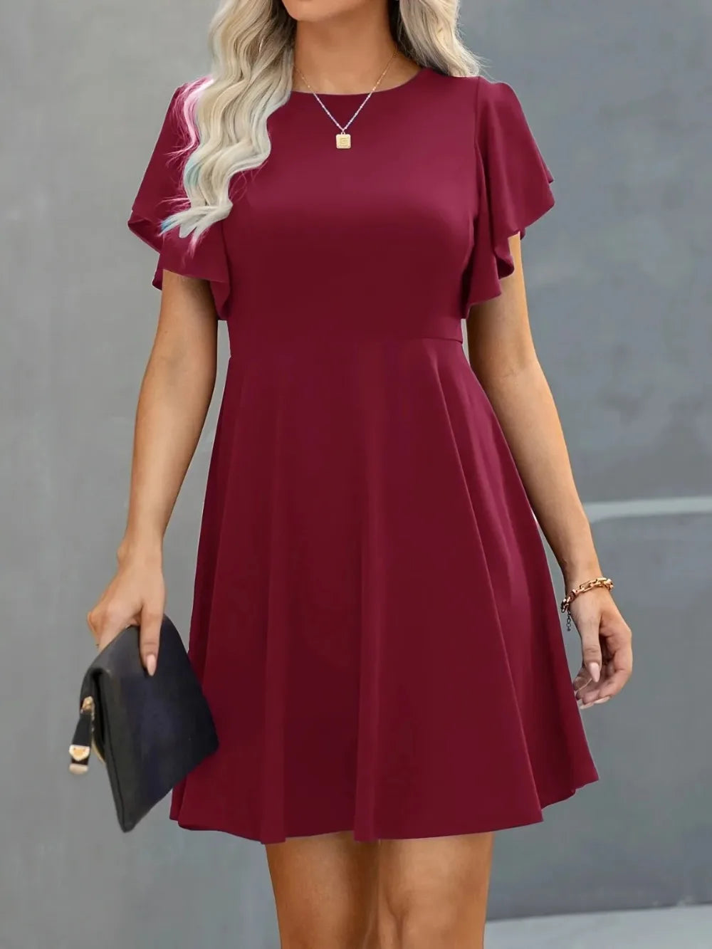 Plus Size Elegant Cocktail Women's Party Dresses Spring Summer Floral Ruffle Sleeve Crew Neck High Waist Flowy A Line Mini Dress