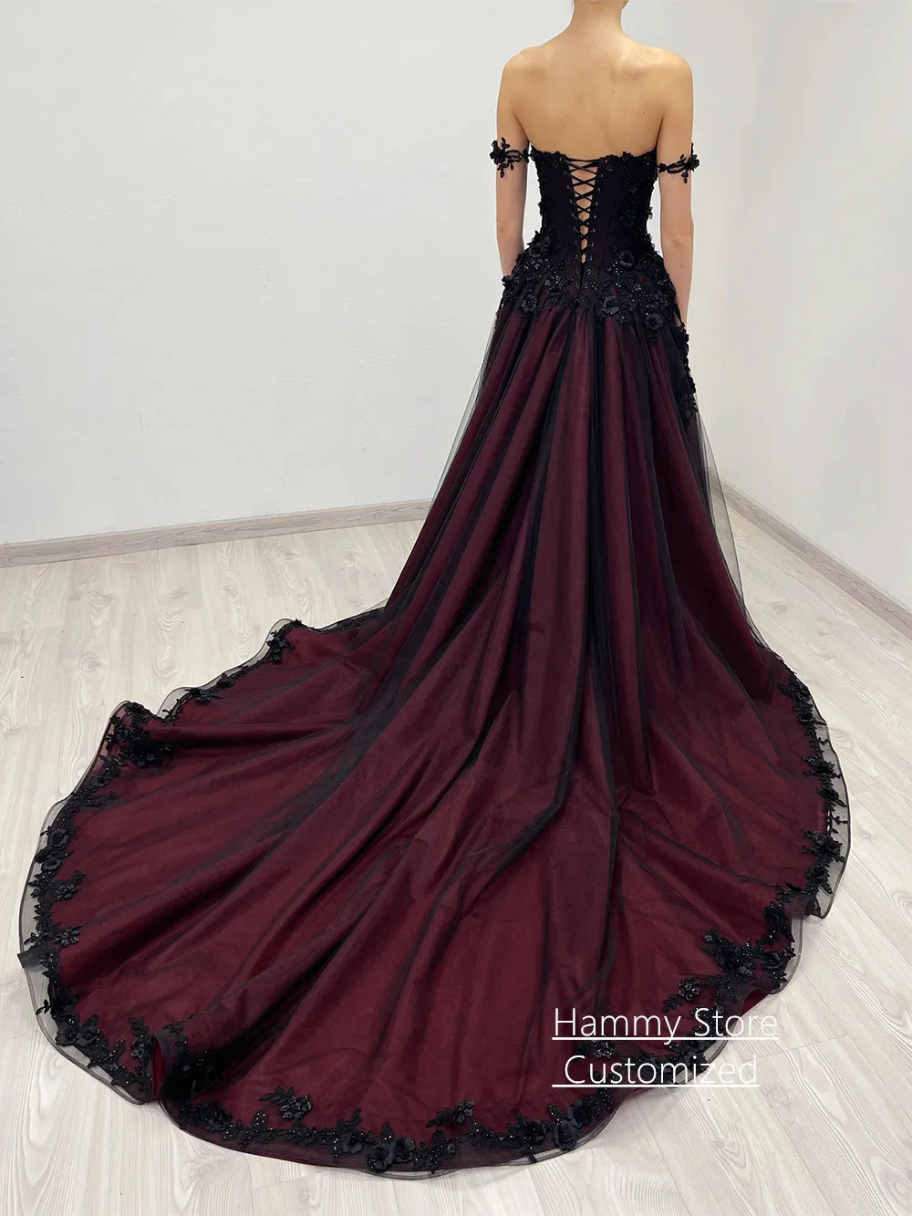 Gothic Wedding Dress Customized Off The Shoulder V Neck Flowers Applique Court Train Black Burgundy A Line Bridal Gown