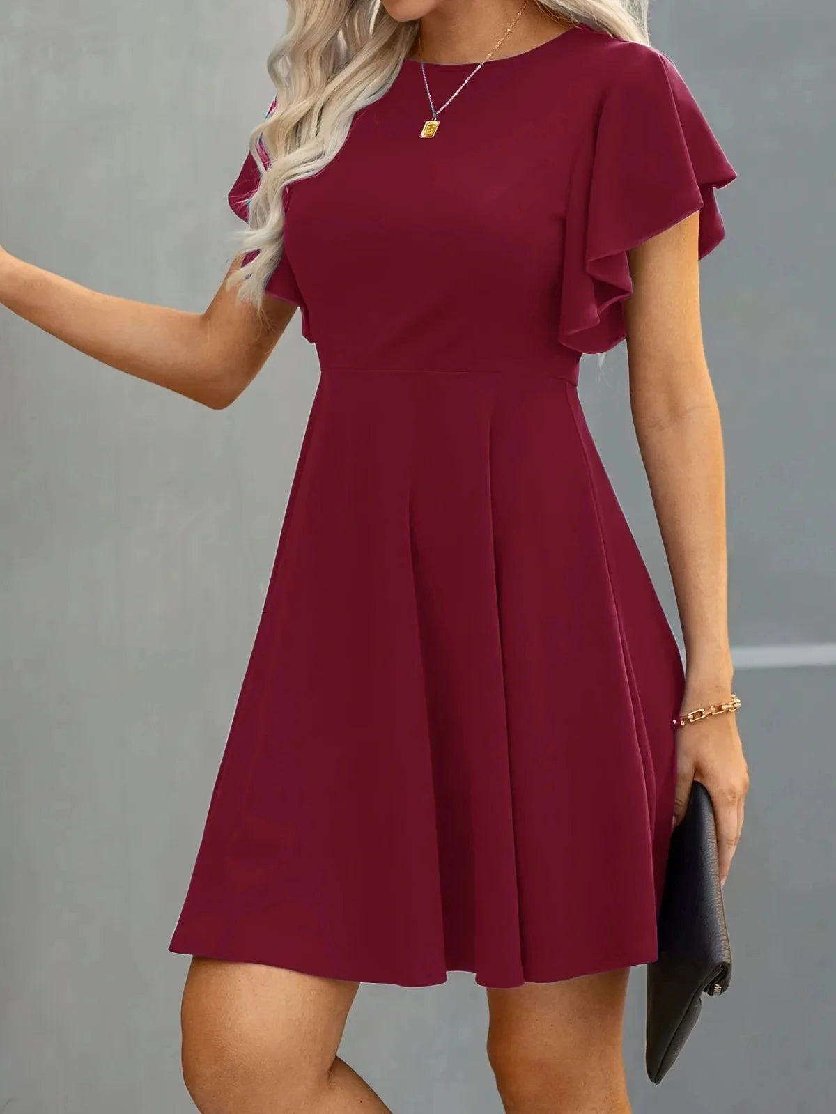 Plus Size Elegant Cocktail Women's Party Dresses Spring Summer Floral Ruffle Sleeve Crew Neck High Waist Flowy A Line Mini Dress