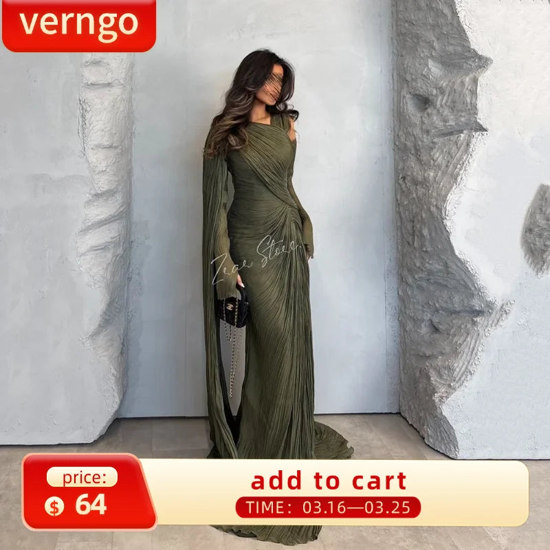 Verngo Green Shiny Formal Evening Dress O Neck Full Sleeves Formal Occasion Elegant Pleat Arabic Prom Gowns Customized