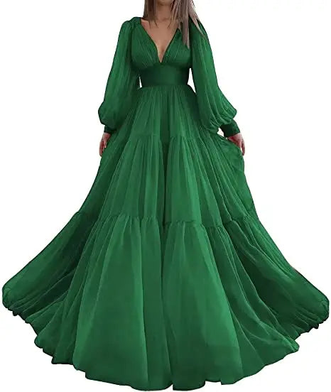 Bridalaffair Pleat Tulle Princess Prom Gown V-Neck Long Puff Sleeve Plus Size Evening Gown Elegant Dress Women for Wedding Party