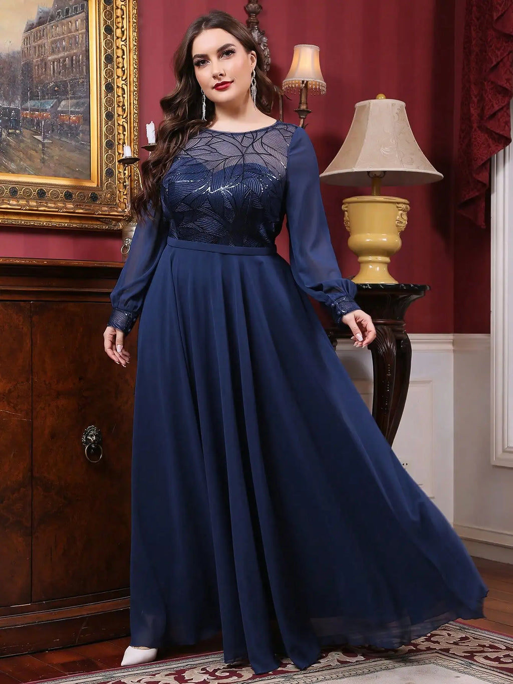 Mgiacy plus size  Round neck see-through sequin embroidery patchwork lantern long sleeve chiffon full skirt Evening gown