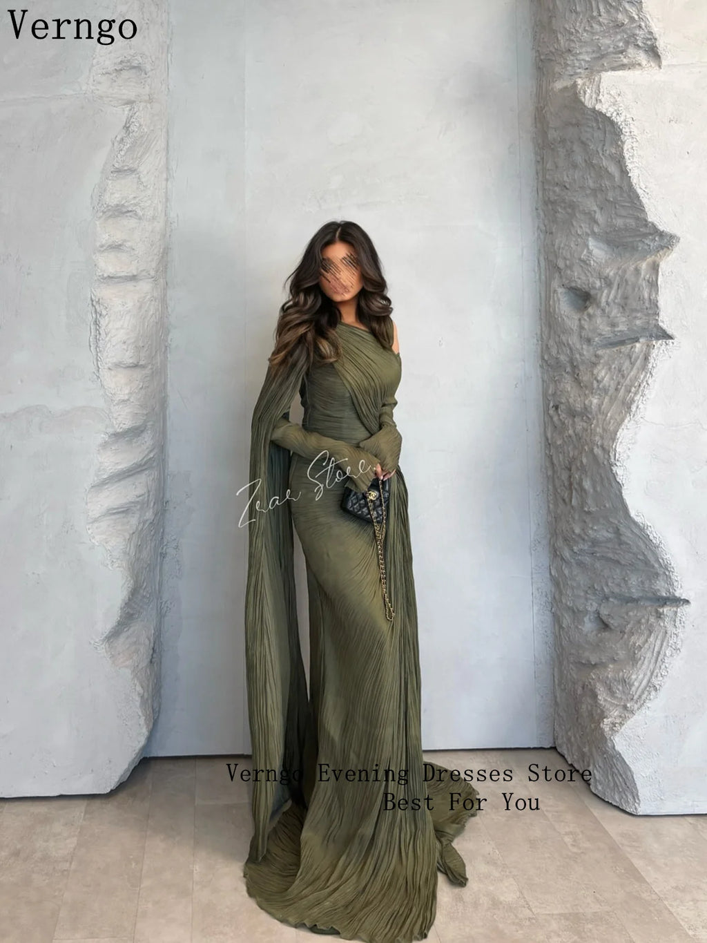 Verngo Green Shiny Formal Evening Dress O Neck Full Sleeves Formal Occasion Elegant Pleat Arabic Prom Gowns Customized