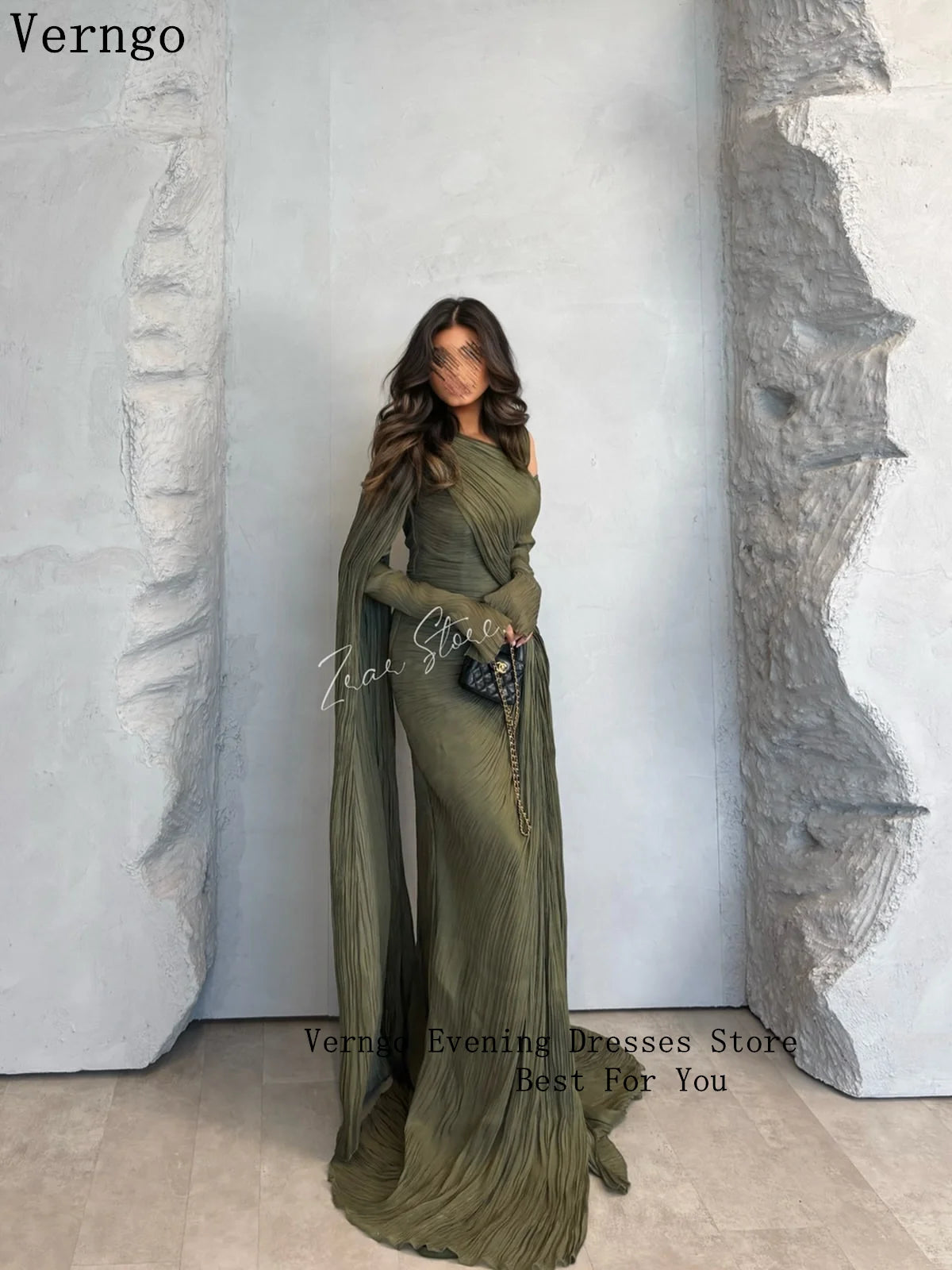 Verngo Green Shiny Formal Evening Dress O Neck Full Sleeves Formal Occasion Elegant Pleat Arabic Prom Gowns Customized